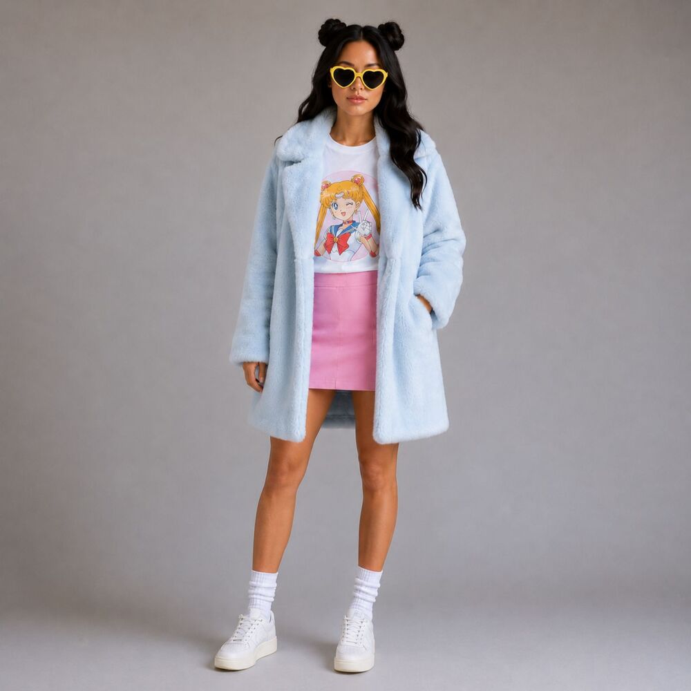 Plush Faux Fur W/M pale Blue large lapel Snap Front Vine & Valley coat LN